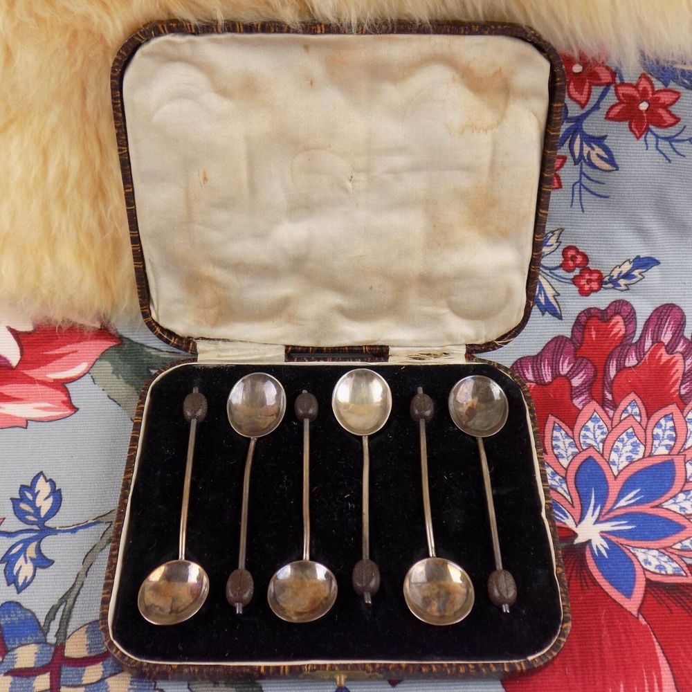 Boxed Set 6 Sterling Silver Coffee Bean Demitasse Spoons Arthur Price & Co. 1936